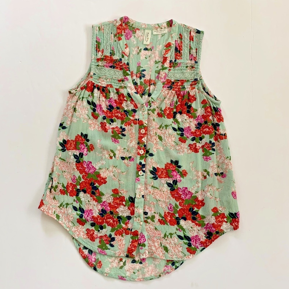 Anthropologie Meadow Rue Crinkle Floral V-neck Top 2 0 XS Lace Pin-tuck Viscose